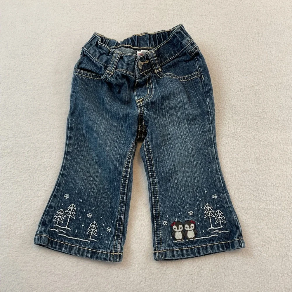 Gymboree Baby Girl Penguin Winter Embroidered Jeans Blue Denim 6-12 Months